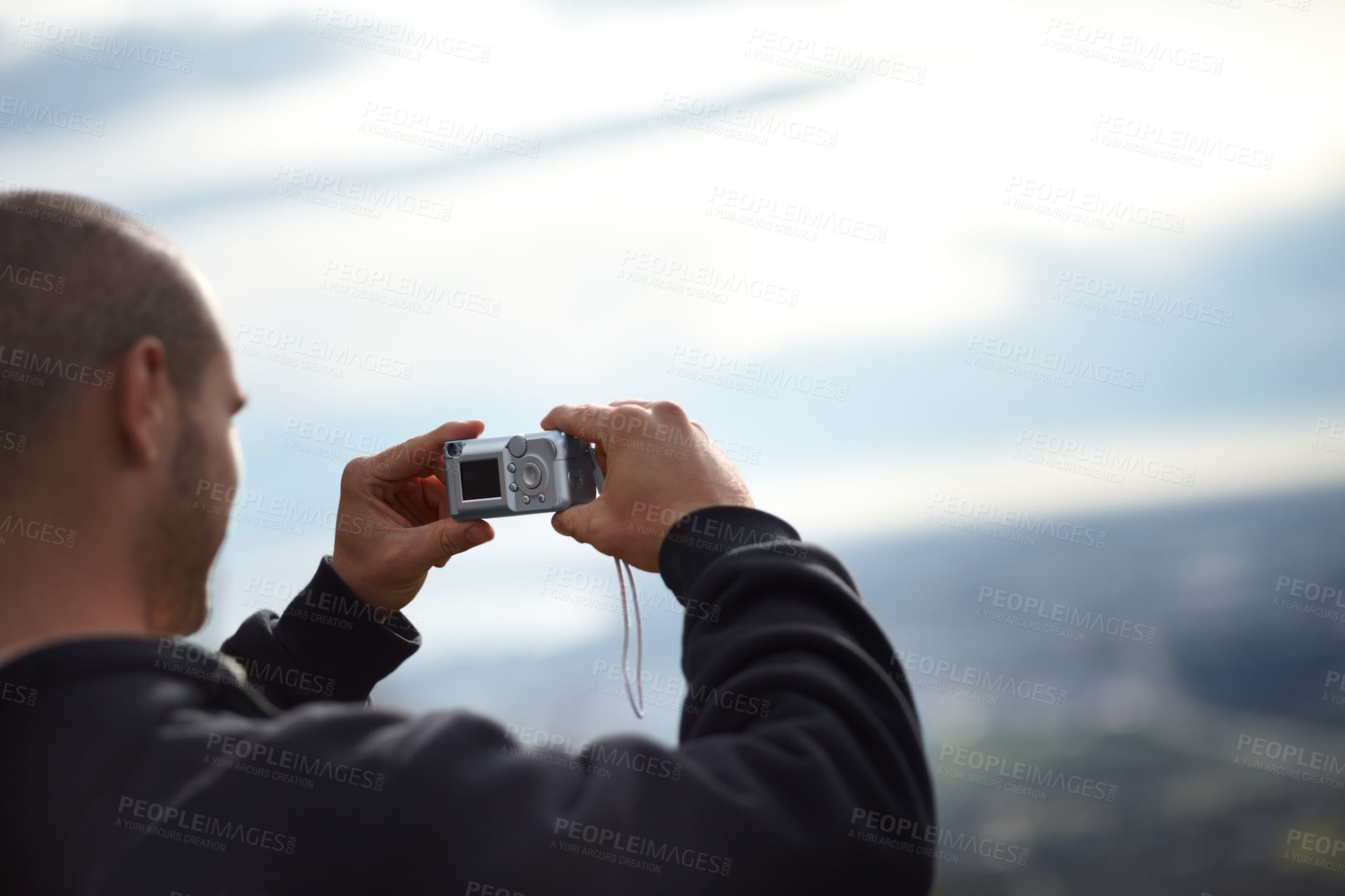 Buy stock photo Man, camera and picture of nature for travel, photography and vacation memories, digital and sky. Male person, holiday and image of view, trip and adventure to explore, hike and inspiration or vision