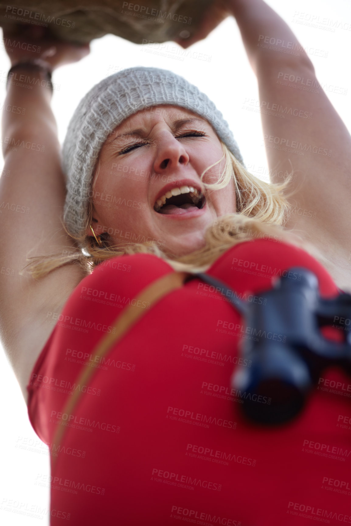 Buy stock photo Woman, screaming and rock climbing fall or risk, mistake and scared of death, danger and fear. Female person, shouting and terrified of falling, outside and holding on cliff, terror and anxiety