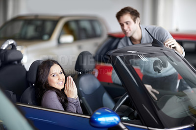 Buy stock photo Dealership, happy and woman buying a car with sales man for a test drive for choosing transport. Smile, purchase and portrait of female person in a new vehicle with employee at a shop or store.