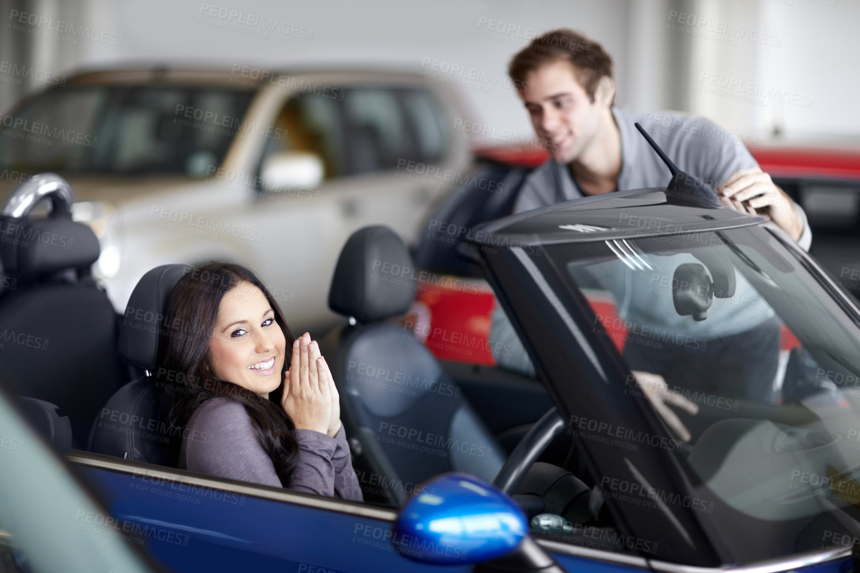 Buy stock photo Dealership, happy and woman buying a car with sales man for a test drive for choosing transport. Smile, purchase and portrait of female person in a new vehicle with employee at a shop or store.