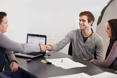 Buy stock photo Handshake, smile and couple with salesman new car and excited for development, growth and excitement. Male employee, woman or man with happiness, meeting or vehicle purchase with buyers and dealer