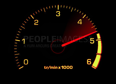 Buy stock photo Mockup, speedometer and car engine with power abstract, speed on dashboard and motor warning in red. Racing transportation, kyalami and check velocity increase for safety, automobile and race scale
