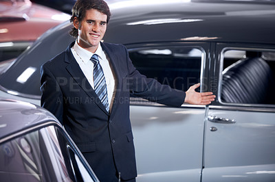 Buy stock photo Cars, smile and portrait of salesman at dealership with confidence, business and sales job. Professional, vehicle for driving and employee in showroom for career, happiness or selling transportation