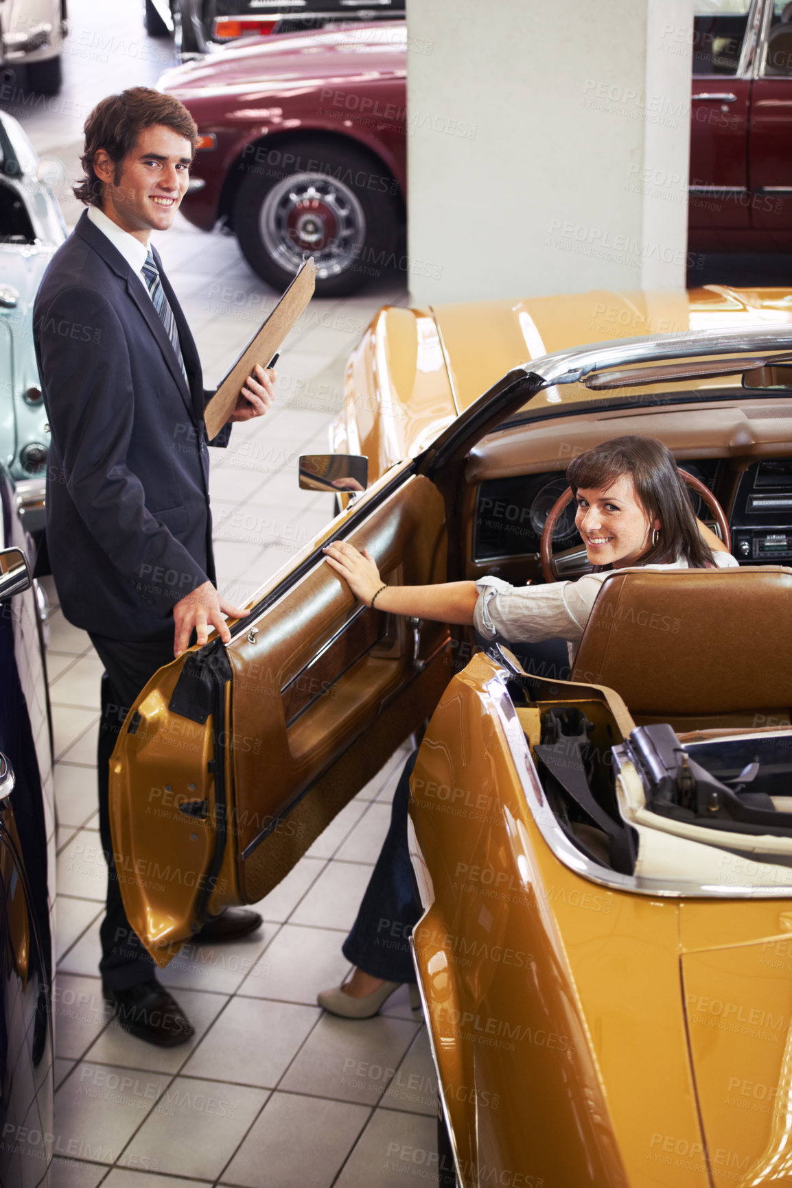 Buy stock photo Car dealership salesman, customer and happy people portrait, vehicle loan service and shopping for retro automobile. Client, driver convertible choice or seller smile for trade, rent or sales success