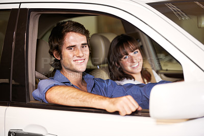 Buy stock photo Happy, dealership and portrait of couple in a vehicle after a purchase together for romance. Smile, love and young man and woman from Canada buying new car for relationship in showroom for transport.