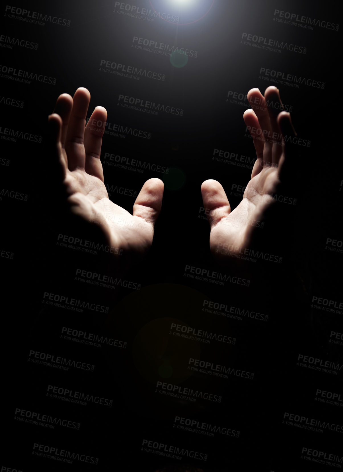 Buy stock photo Hands, prayer and help from God with praise, closeup of holy person with gratitude and respect for religion. Guide, wellness and praying, worship and faith with hope and trust on dark background