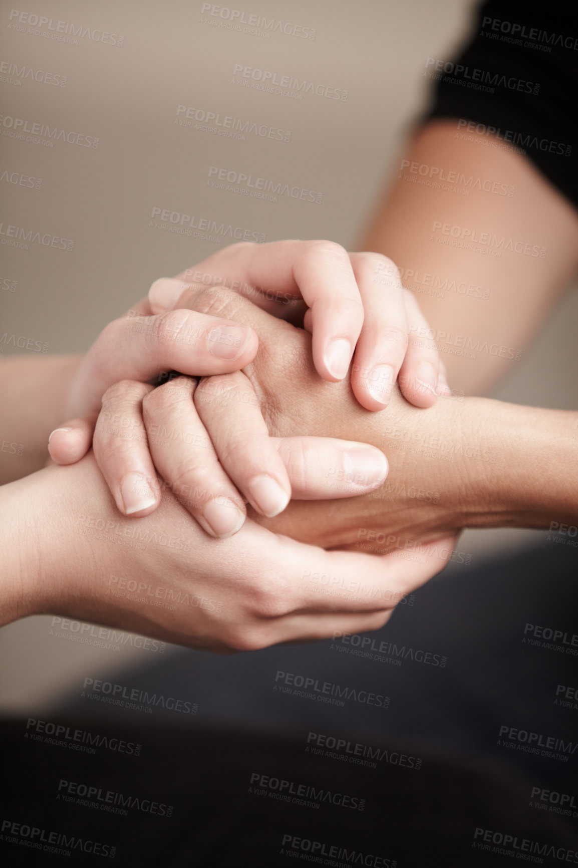 Buy stock photo Empathy, support and trust with people holding hands in comfort, care or to console each other. Love, help or healing with friends praying together during depression, anxiety or the pain of loss