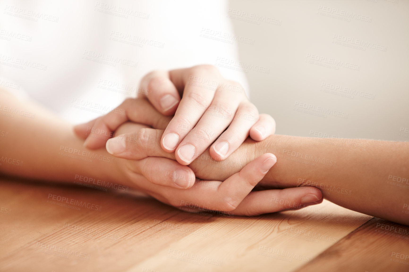 Buy stock photo Holding hands, support and people with care for friends, showing empathy and love with kindness. Comfort, hope and a person giving a helping hand for mental health, trust and forgiveness together