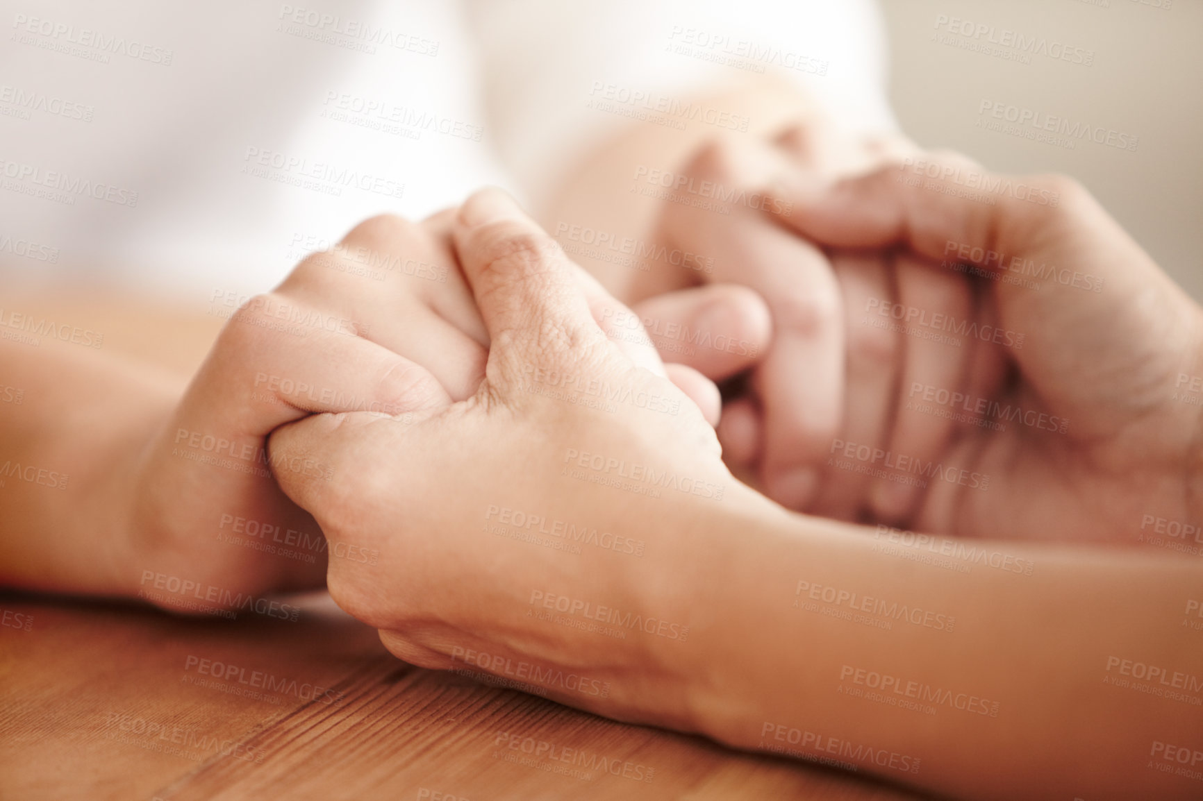 Buy stock photo Holding hands, empathy and people with respect for friends, showing care and love with kindness. Comfort, hope and a person giving a helping hand for mental health, trust and forgiveness together