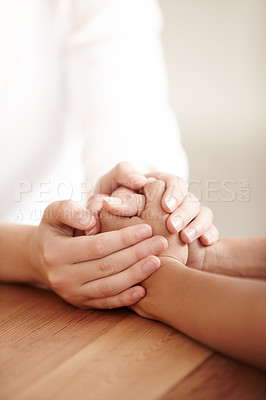 Buy stock photo Empathy, love and spiritual with people holding hands in comfort, care or to console each other. Trust, help or support with friends praying together during depression, anxiety or the pain of loss