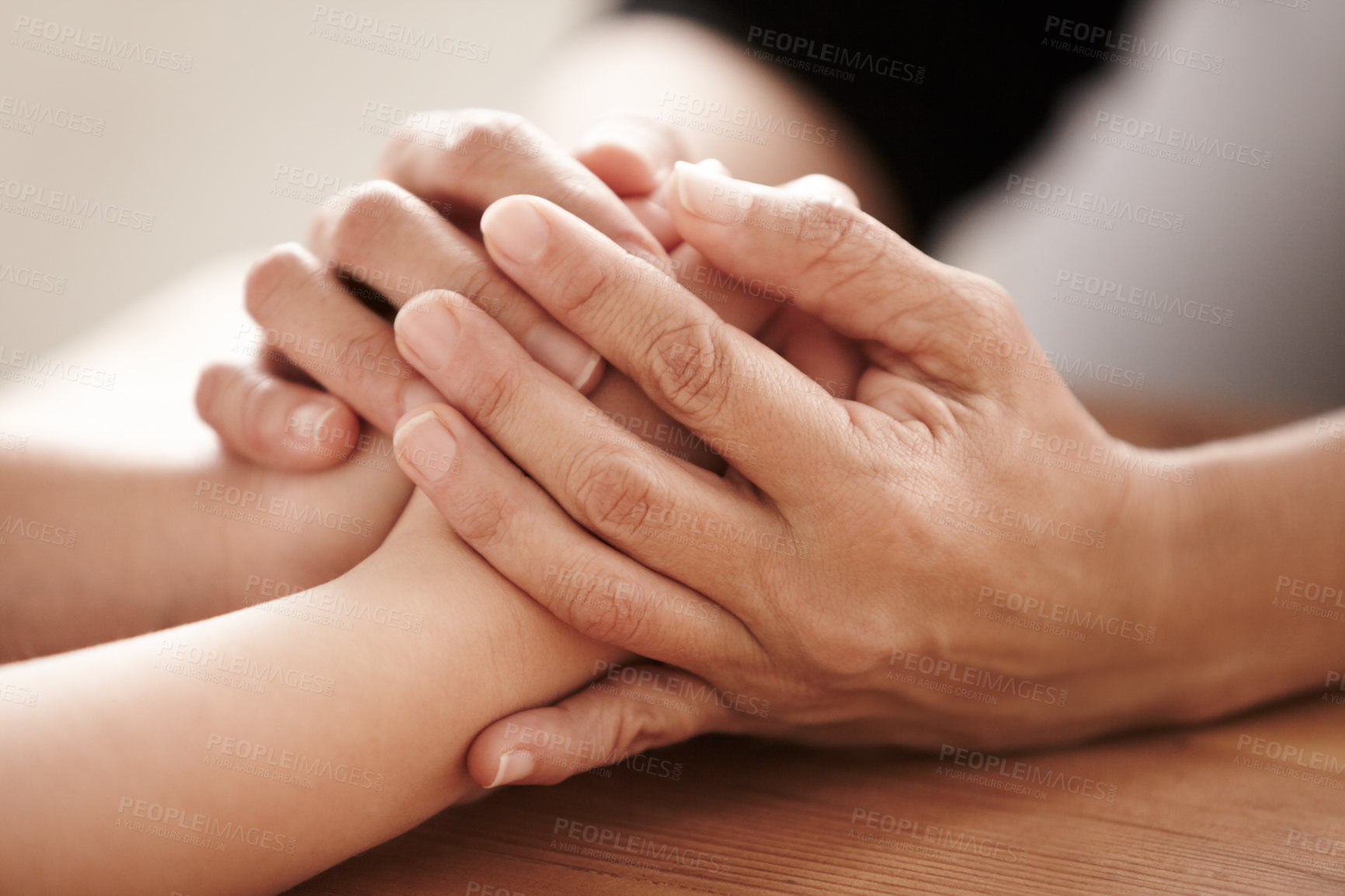 Buy stock photo Support, love and spiritual with people holding hands in comfort, care or to console each other. Trust, empathy or healing with friends praying together during depression, anxiety or the pain of loss