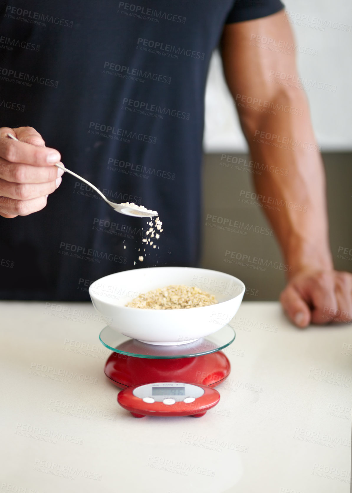 Buy stock photo Scale, food and man weigh oats in kitchen to measure portion for calories, nutrition and balanced diet. Cooking, meal prep and hands of male person with breakfast bowl for healthy eating at home