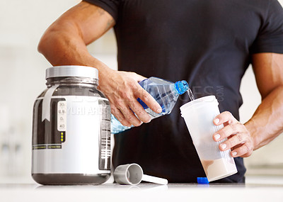 Buy stock photo Man, hands and water preparing protein shake for nutrition, muscle gain or body mass supplement. Hand of male bodybuilder making pre workout or powder drink product for exercise, diet or healthy meal