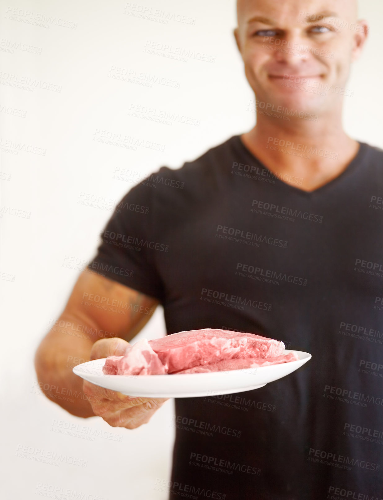 Buy stock photo Food, diet and man with raw meat for a body builder, protein and carnivore eating plan to bulk. Cooking, health and portrait of a male person with beef or steak to cook healthy dinner, lunch or meal.