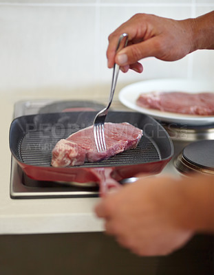 Buy stock photo Hands, steak and pan on stove with man, food preparation and healthy protein for wellness, diet and grill. Cooking, meat and nutrition for lunch, dinner or fine dining for health, lifestyle or beef