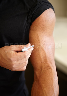 Buy stock photo Hormone injection, steroids and an arm with medicine for health, training and energy for exercise. Strong, testosterone and a male bodybuilder injecting a supplement for fitness goals and muscle