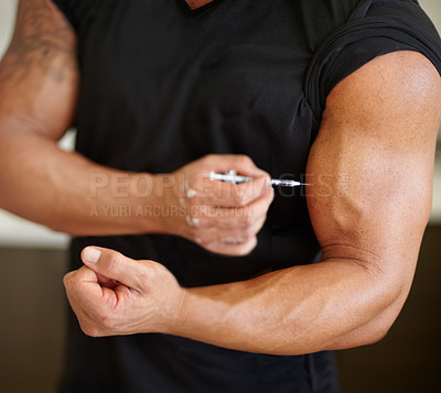 Buy stock photo Arm, steroids and syringe with a bodybuilder man using a needle for a bicep muscle injection closeup. Fitness, health and testosterone with a male athlete or sports person injecting illegal substance