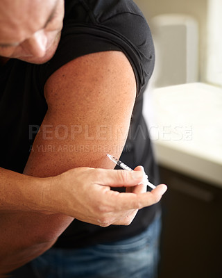 Buy stock photo Sports, injection and man with a syringe with steroids in his arm for muscle development. Fitness, testosterone supplement and male body builder injecting with illegal hormone liquid drug with needle