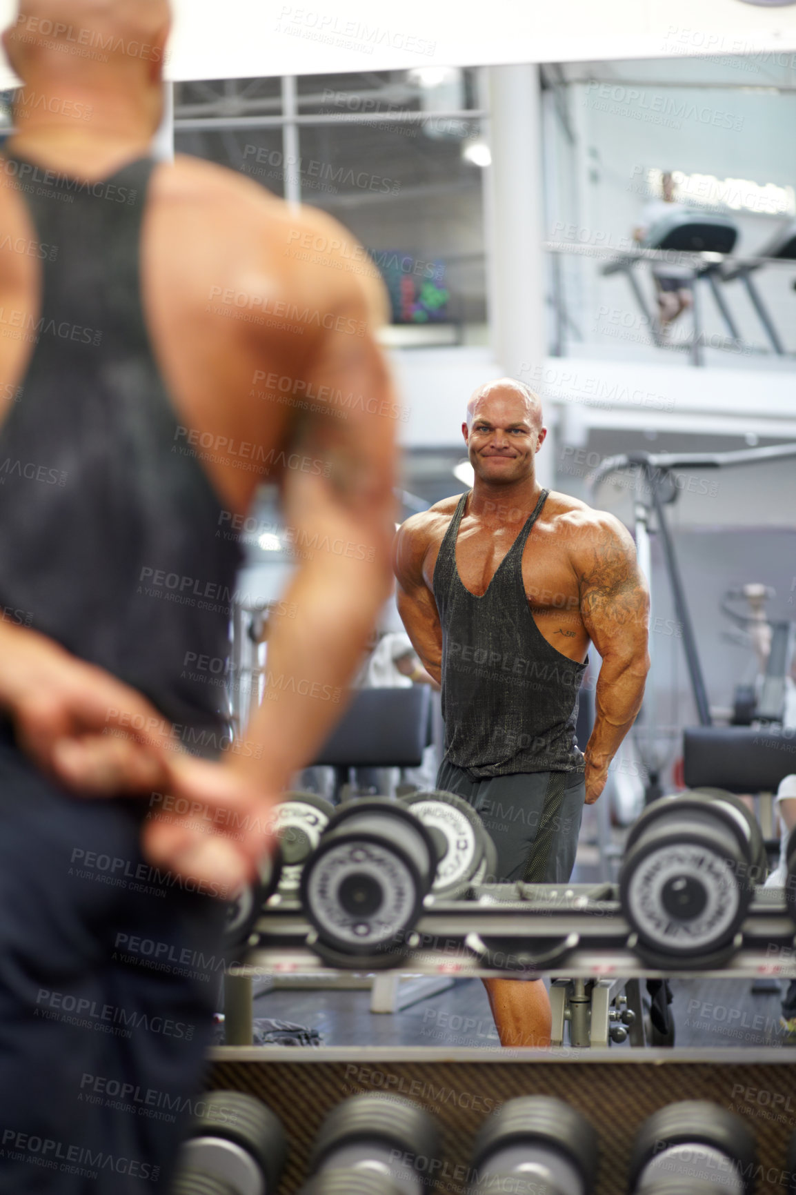Buy stock photo Man, arm flexing and mirror at gym with fitness, workout and exercise of bodybuilder with reflection. Muscle, male person and athlete with sport training, wellness and body builder at a health club