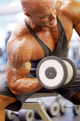 Buy stock photo Arm press, man and dumbbell lift for fitness at gym with bodybuilder, cardio and muscle at health club. Wellness, athlete and exercise with weight and strain from bodybuilding, sport and workout
