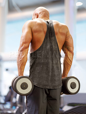 Buy stock photo Arm press, man back and dumbbell for fitness at gym with bodybuilder, cardio and muscle at health club. Wellness, athlete and exercise with weight and strain from bodybuilding, sport and workout