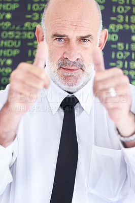 Buy stock photo Stock market portrait, senior man and thumbs up satisfaction for financial crypto, profit or investing revenue. Trading investment numbers, emoji like gesture and business person with economy growth