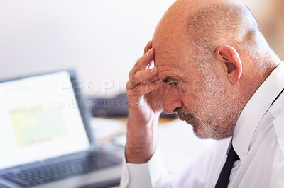 Buy stock photo Mature, business man and stress in a office from computer market crash and investment loss. Ceo, anxiety and burnout with headache from thinking and laptop problem from trading and stocks fail