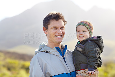 Buy stock photo Portrait, father and child for hiking in mountains for wellness, travel or fun. Sweden, man and baby for smile, happy or excited in quality time, together and fresh air on trip for love, care or bond