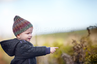 Buy stock photo A cute little boy pointing at something while outside