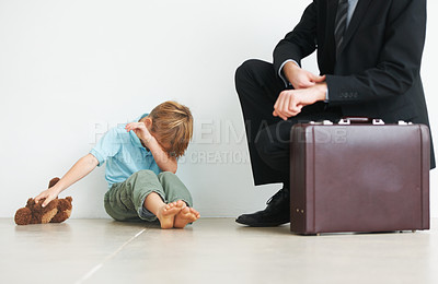 Buy stock photo Man, work and home by child with crying, autism and businessman late to care or stop fear, support or anxiety. Father, kid or mental health on floor to help son, tired and professional papa in stress