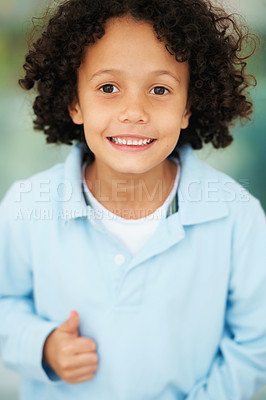 Buy stock photo Portrait, smile and thumbs up with a boy child for support, motivation or thank you for success as a winner. Face, children and happy young kid showing a hand gesture for yes, winning or achievement