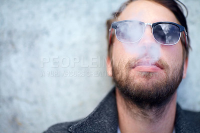 Buy stock photo Face, man and smoking outdoor with sunglasses for addiction, experience and enjoyment on mock up space. Person, hipster and smoke on mockup for lifestyle, luxury and exhale or tobacco satisfaction