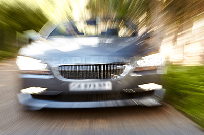 Buy stock photo Motion blur, speed and sports car driving on road, travel trip or journey outdoor. Fast, silver motor vehicle on street or driver moving in luxury automobile, freedom or performance in transportation