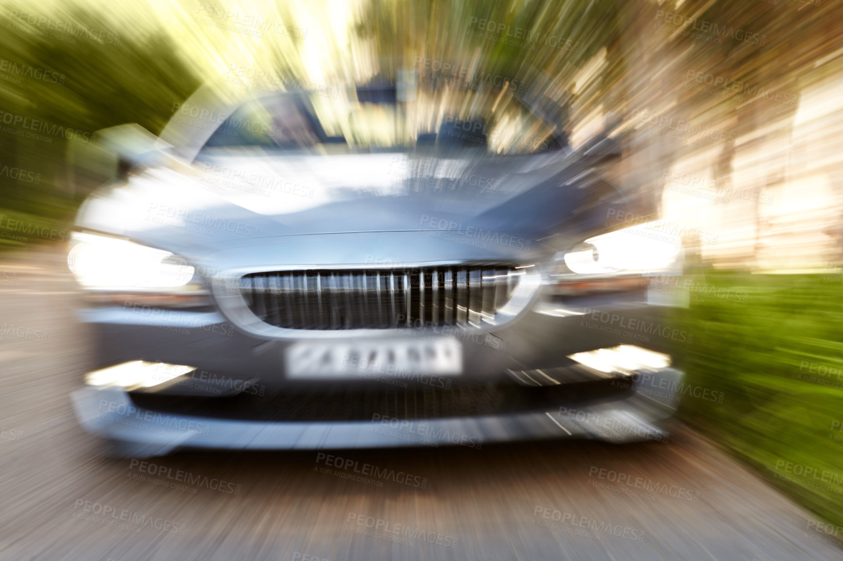 Buy stock photo Motion blur, speed and sports car driving on road, travel trip or journey outdoor. Fast, silver motor vehicle on street or driver moving in luxury automobile, freedom or performance in transportation