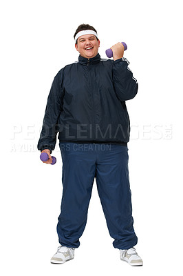 Buy stock photo A happy looking overweight man lifting weights and wearing a tracksuit