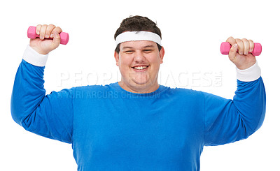 Buy stock photo Plus size, weight training and happy portrait of man in a studio with exercise and training for goals. White background, smile and male model with healthy and wellness goals for overweight problem