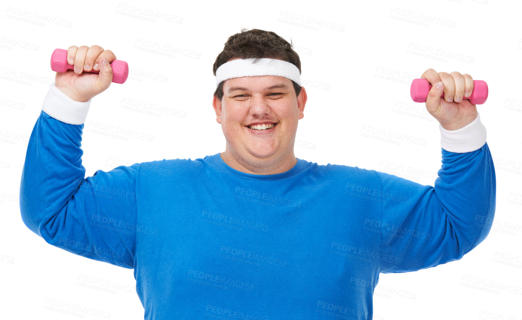 Buy stock photo Plus size, weight training and happy portrait of man in a studio with exercise and training for goals. White background, smile and male model with healthy and wellness goals for overweight problem