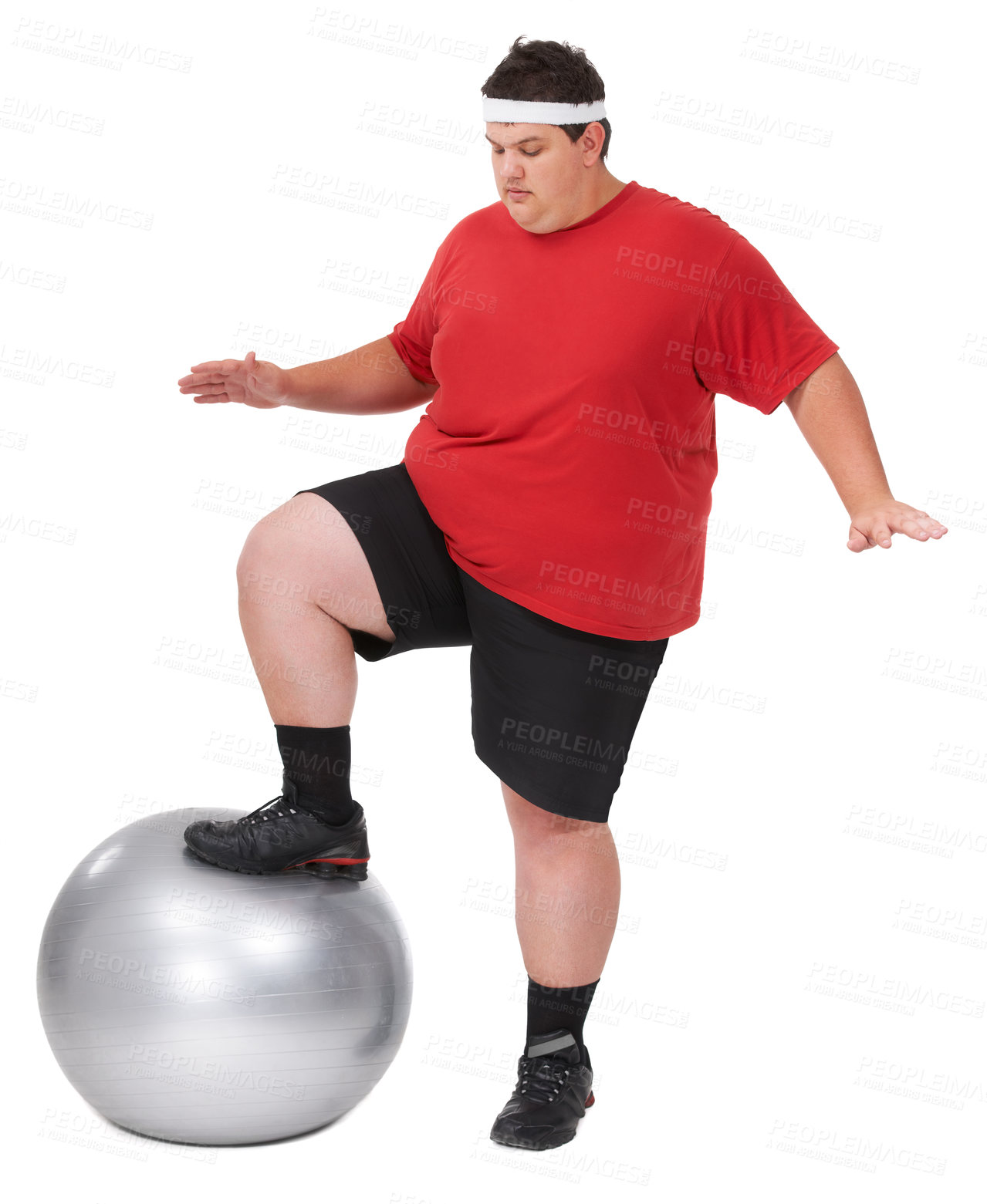 Buy stock photo Exercise ball, balance and plus size man determined to lose weight, body workout diet or focus on fitness health. Gym club equipment, studio challenge and person training isolated on white background