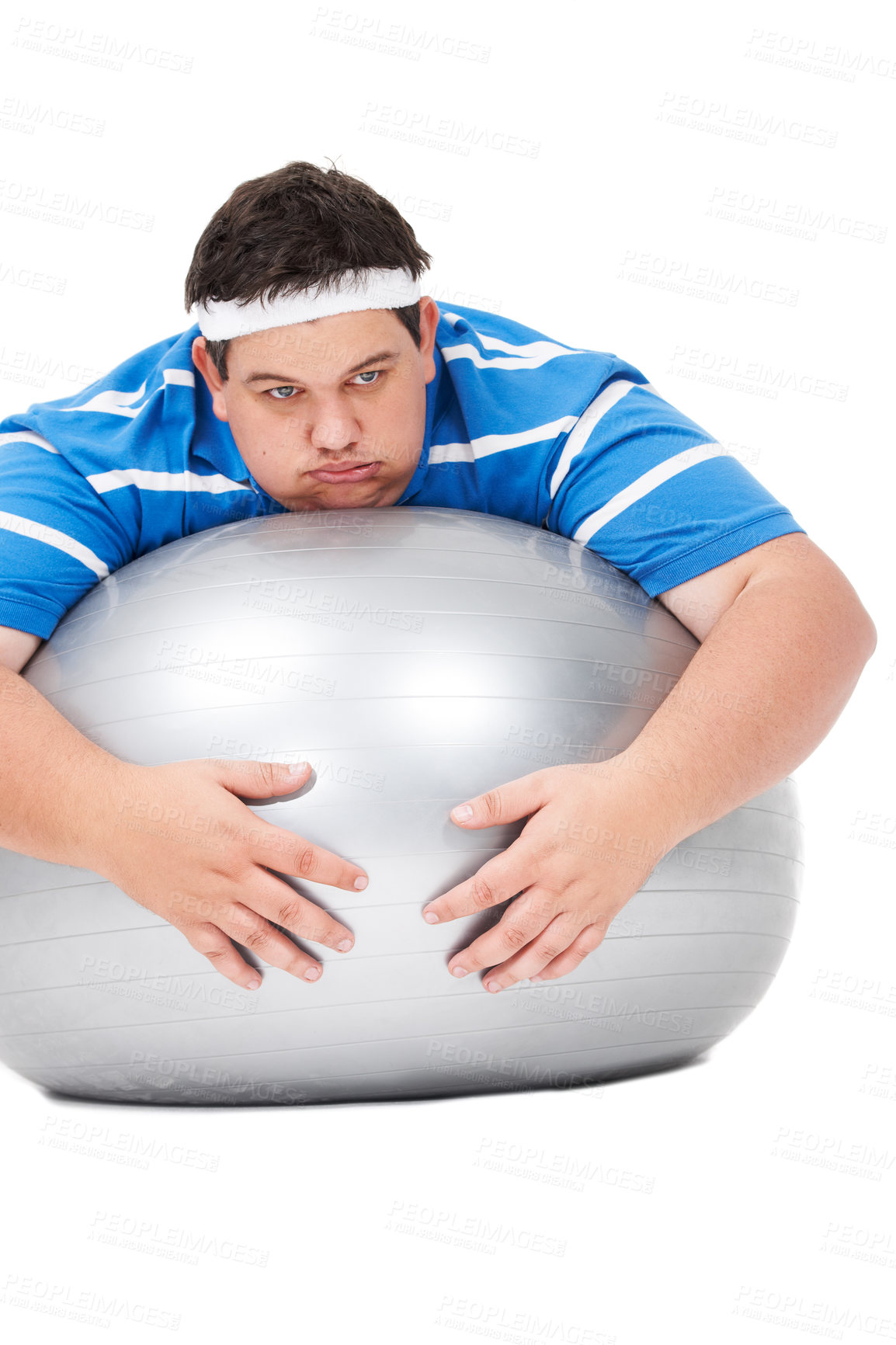 Buy stock photo Tired, plus size and man on exercise ball feeling fatigue from training and workout in studio. Lazy, thinking and rest of a male person doing weight loss and wellness practise on gym equipment