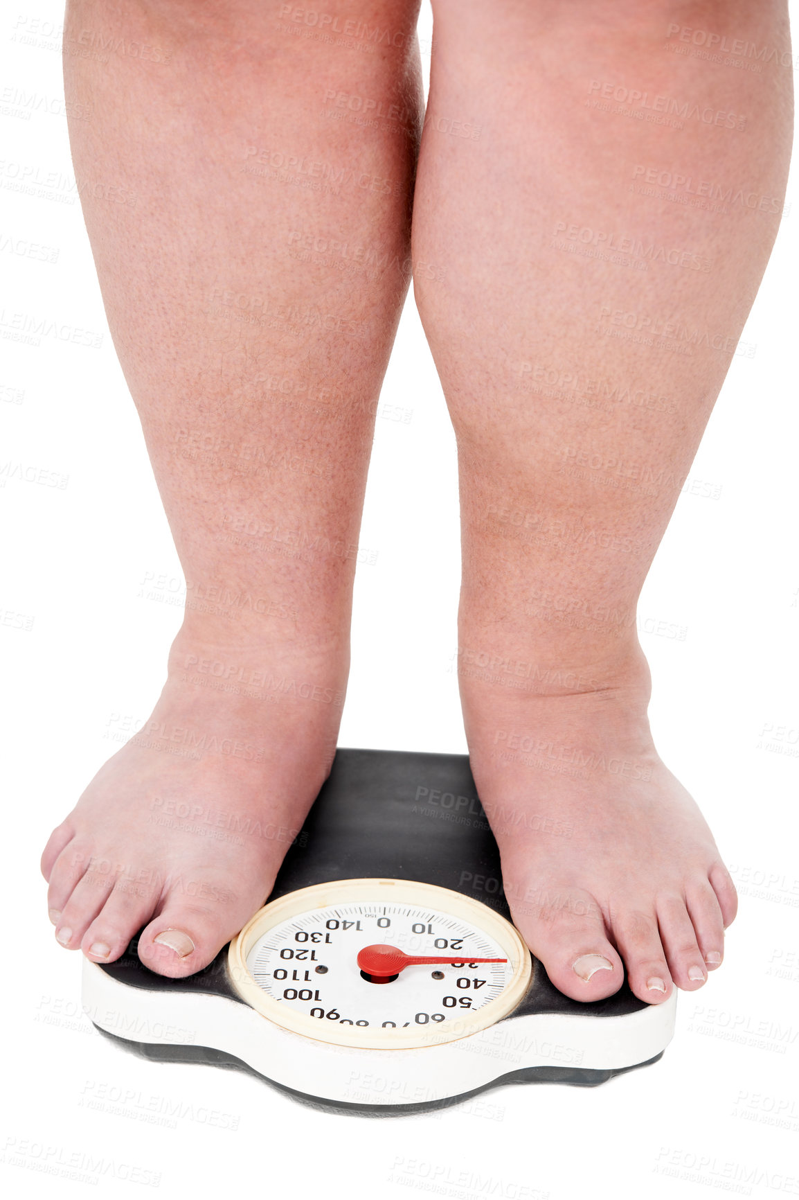 Buy stock photo A closeup shot of an overweight man weighing himself on a scale