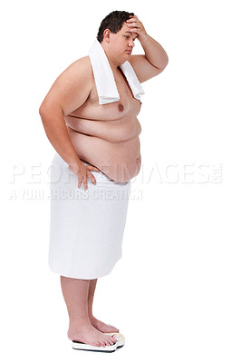 Buy stock photo Body, plus size and man on a scale in studio with stress or frustration after diet or exercise failure. Upset, weight loss and male person with towel weighing on machine isolated by white background.