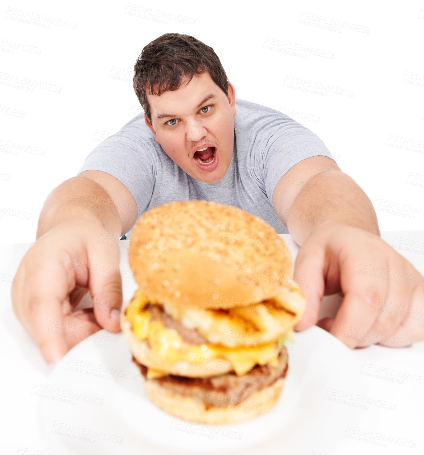 Buy stock photo Plus size, portrait of man holding burger and unhealthy diet, isolated hungry person and white background. Junk food, weight loss and healthcare problem, cholesterol or fat food addiction in studio.