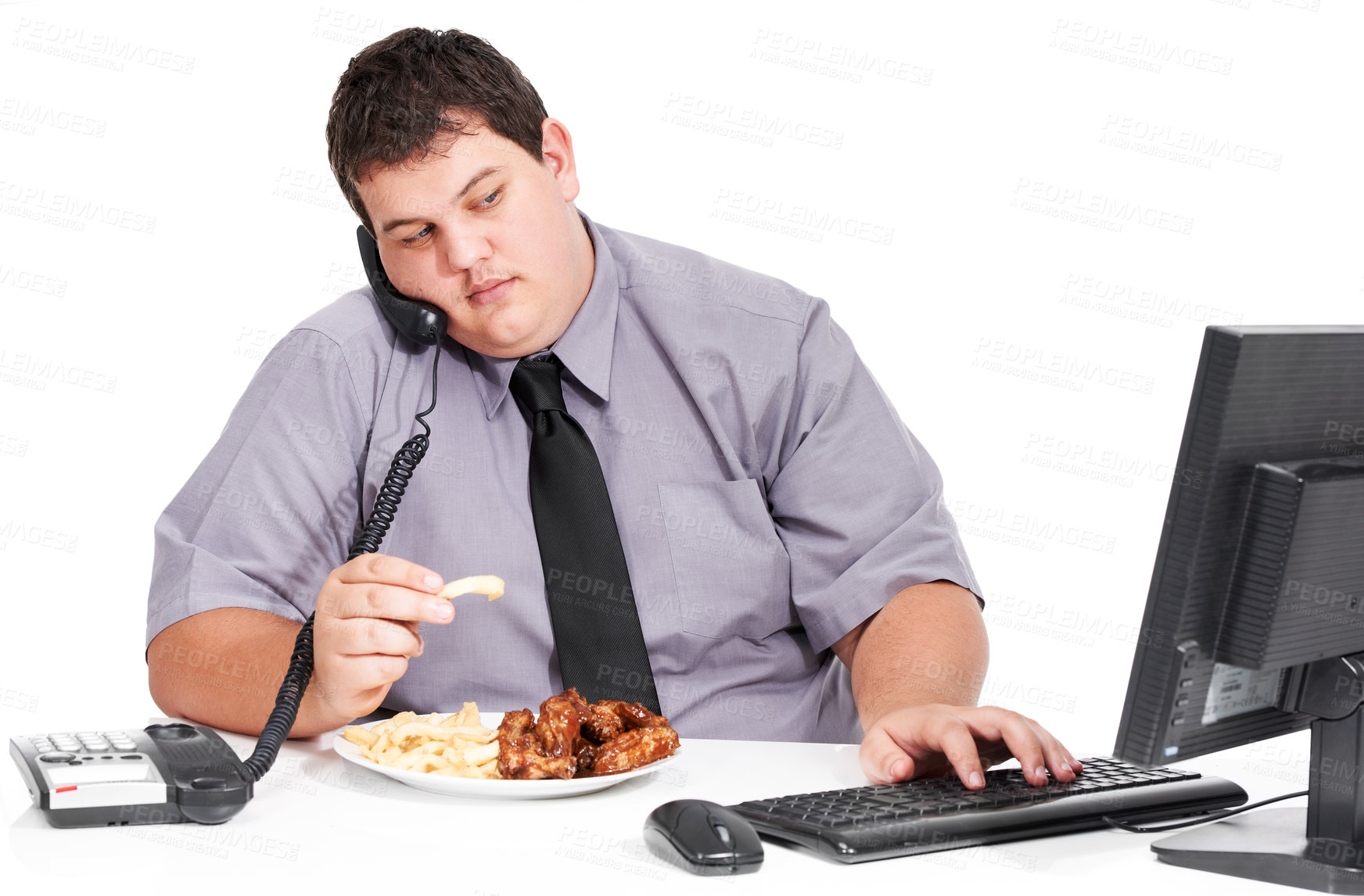 Buy stock photo Phone call, eating and plus size business man in studio on computer with food, lunch and unhealthy meal at desk. White background, office mockup and male worker with weight problem for for sales job