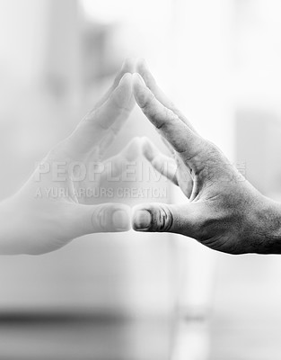 Buy stock photo A hand and it&#039;s reflection pressed against glass