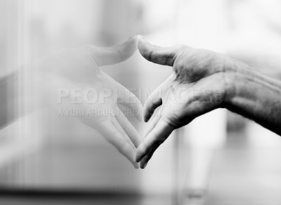 Buy stock photo Closeup, window and hand with a reflection, glass and grey with monochrome and aesthetic. Zoom, person and model with light, design or fingers with art, interior and press with creativity or artistic