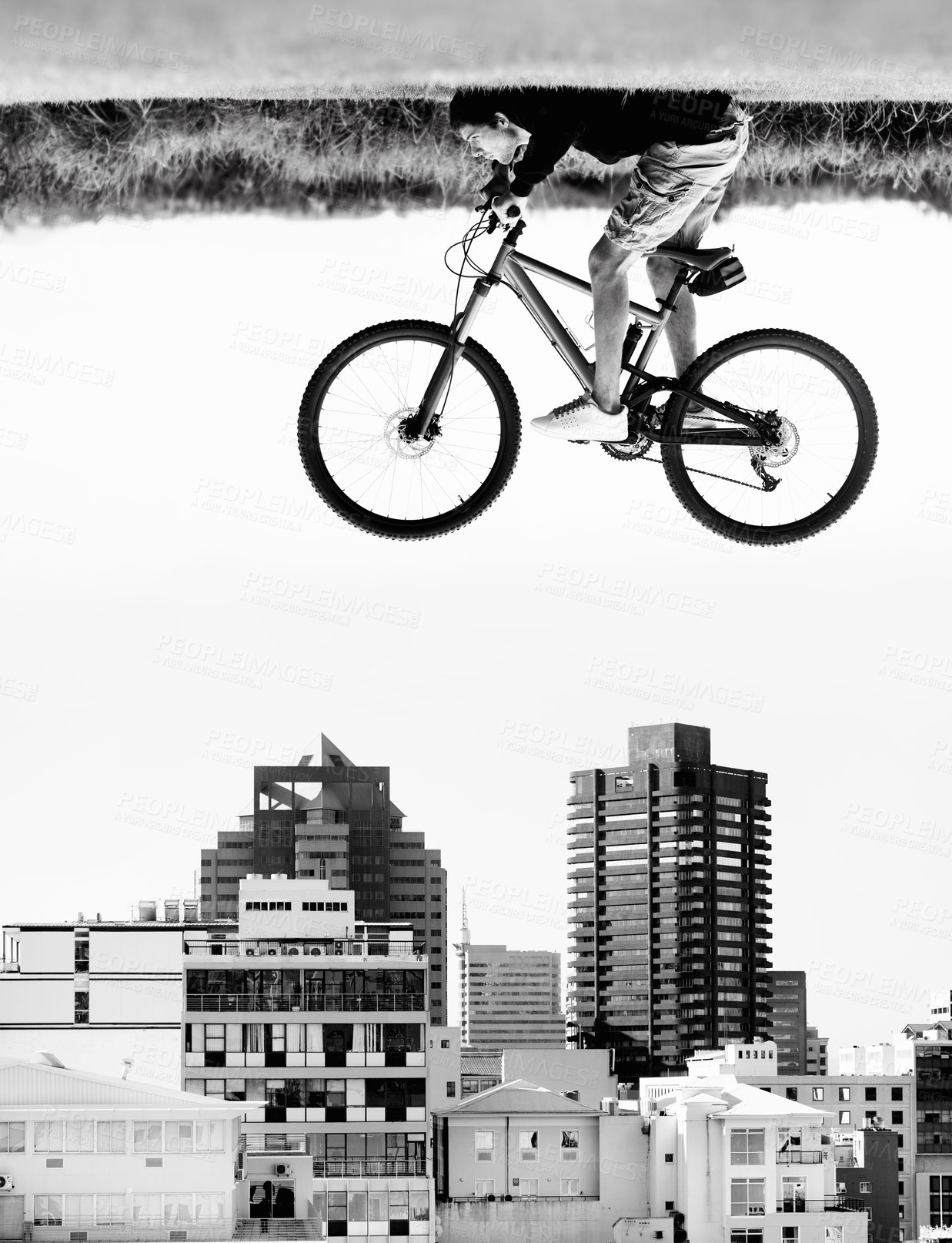 Buy stock photo A man on a bicycle hovers in the air over the rooftops of a city - perception