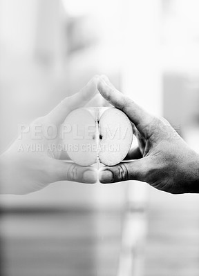 Buy stock photo Hands, apple and reflection in monochrome on glass with a person holding fruit closeup for health, diet or nutrition. Food, creative and art with a healthy snack in the hand of an adult in grayscale