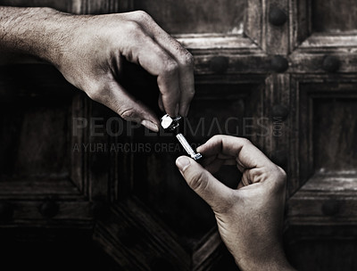 Buy stock photo Helping hand, nut and bolt, connect in teamwork for maintenance or home renovation isolated on wood background. Connection, hands of man and woman with nuts, bolts and support, help working together.