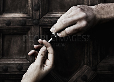 Buy stock photo Connection, nut and bolt helping hand in teamwork, diy maintenance or home renovation isolated on wood background. Giving, hands of man and woman with nuts, bolts and support, help working together.