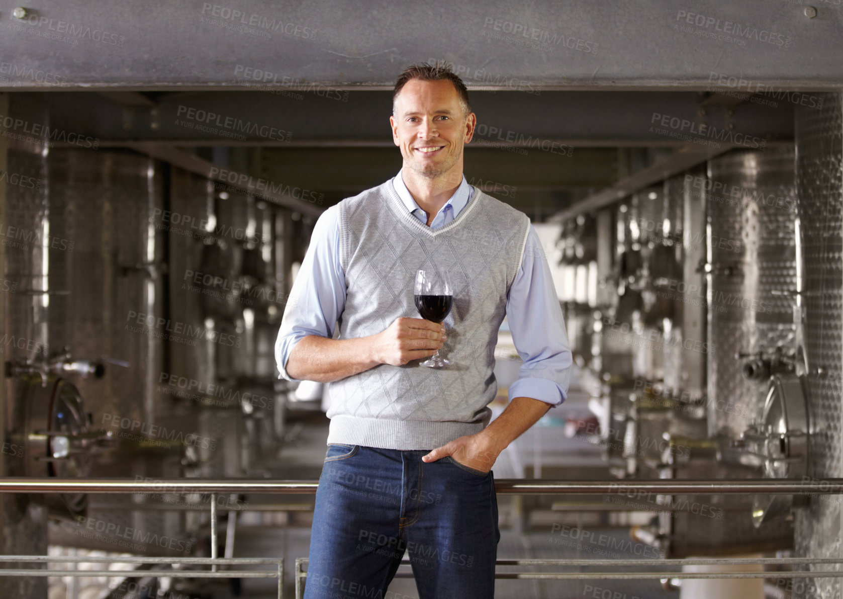 Buy stock photo Portrait, cellar and mature man with red wine, smile and success with wellness, development and elegant. Face, male person and happy entrepreneur with a glass, alcohol and aroma with business owner